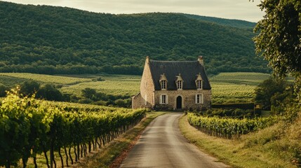 Winding Road Leading to Historic Stone Chateau in Vineyard Hills