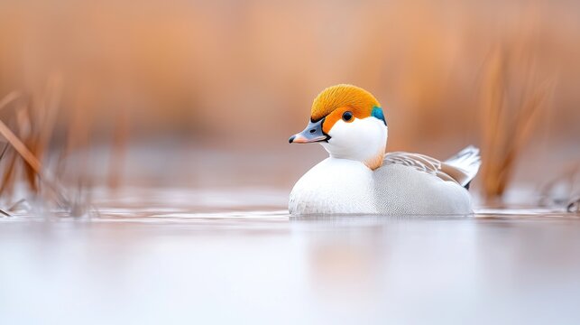 Smew duck swimming peacefully on a calm lake during a quiet winter day.