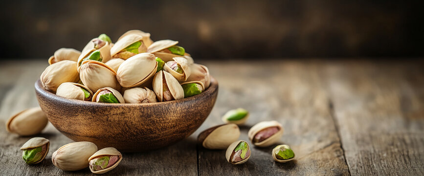 Close-up of shelled pistachios in a wooden bowl with some scattered around, symbolizing healthy snacks, nuts, and nutritious eating on a rustic wooden table.