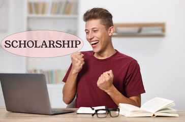 Scholarship. Happy student with laptop at table indoors