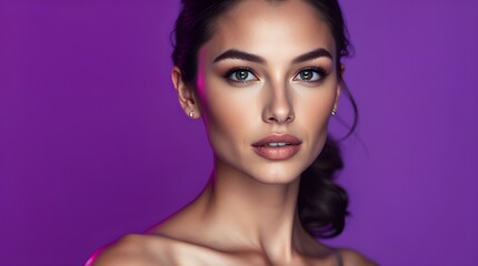 Fototapeta premium elegant model, deep ultraviolet and purple hues, high contrast, highlighting her adorable and charming facial features, clean purple background