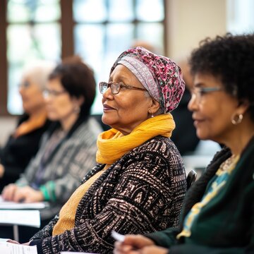A group of women are sitting in a room, one of them wearing a scarf