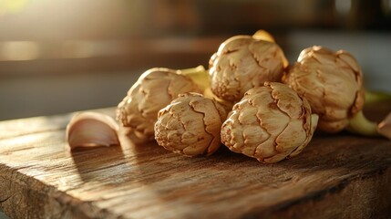 Sunlit artichokes on rustic wooden board.