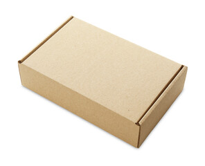 One closed cardboard box isolated on white. Mockup for design