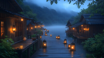 Fototapeta premium Misty River Village Night Lanterns Wooden Cabins