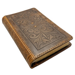 Old Leather Journal with Embossed Pattern, PNG with Transparent Background: Perfect for Writing, Vintage Stationery, Memories, Travel Notes, Antique Books, and Retro Aesthetic Concepts.