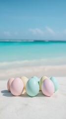 Pastel easter eggs on a tropical beach joyful celebration scene