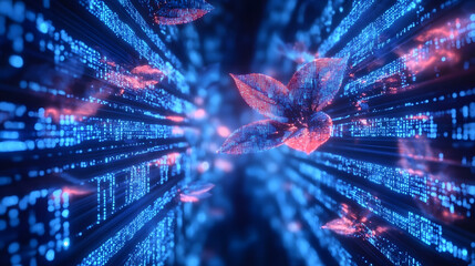 Digital illustrations in blue showcase computer codes and futuristic web designs. Virtual patterns define a future where technology meets business in digital landscapes