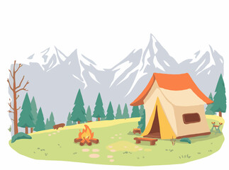 Campsite in Mountain Valley Vector Artwork