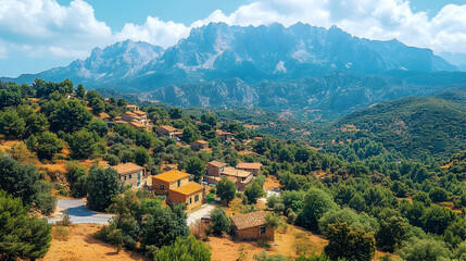 Mountain village scenic view, sunlit hills, Mediterranean landscape