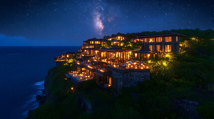 Night view of cliffside resort, ocean & Milky Way