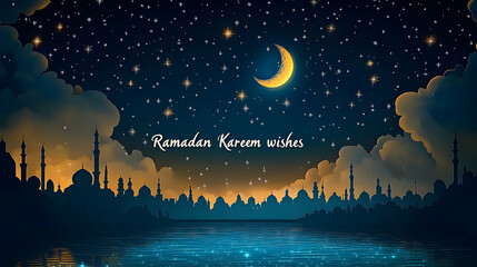Nighttime Ramadan city skyline, crescent moon, stars