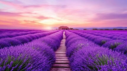 Obraz premium Winding Wooden Pathway Through Vast Lavender Field at Dusk