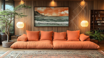 Orange sofa in a modern, wood-paneled living room