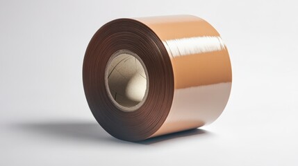 Large industrial brown packing tape roll showcases adhesive side against clean backdrop