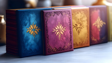 Fototapeta premium Ornate books on table, fantasy design, indoor setting
