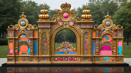 Ornate gold archway sculpture in park setting