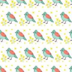 Bright seamless pattern: bird and flower, leaf, branch isolated in the background. A hand-drawn vector illustration with individual editable elements. Design for wallpaper, textiles and postcards.
