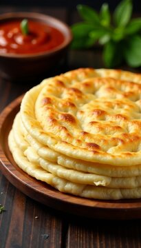Flaky layered parotta bread on wooden platter, homemade bread, traditional recipe