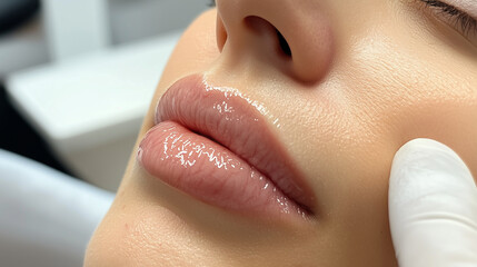 A close-up of lips immediately after hyaluronic acid injection, looking fuller and moisturized