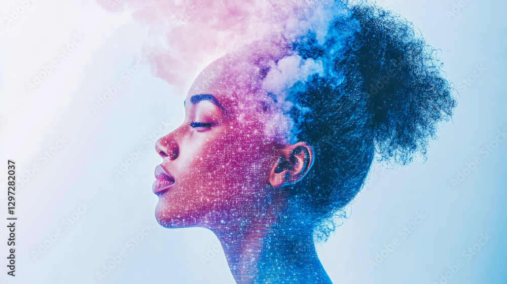 Poster digital mind: portrait of a woman connecting with technology through a network of data and cloud con