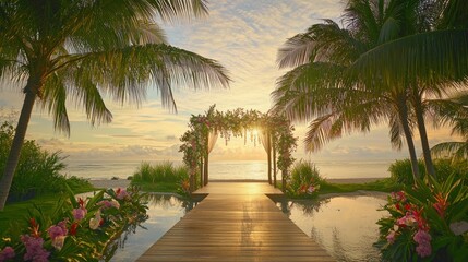 Tropical beach wedding ceremony setup at sunrise.