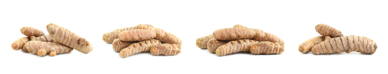 Set of turmeric roots isolated on white