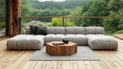 Modern sectional sofa on deck with forest view