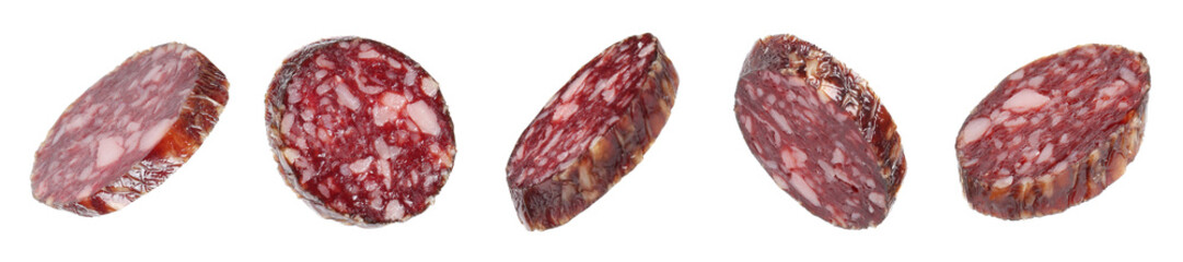 Smoked sausage slices isolated on white, set