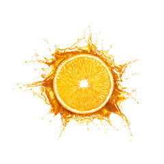 Fresh orange and splashing juice on white background