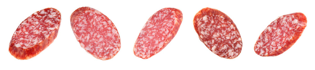 Smoked sausage slices isolated on white, set