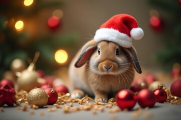 Obraz premium Cute rabbit in Santa hat surrounded by Christmas decorations, santa hat, festive wear