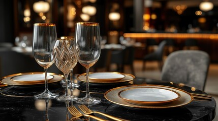 Elegant fine dining table setup with black marble and golden accents in modern restaurant