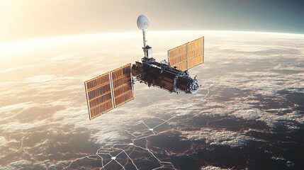 Satellite orbiting Earth, sunrise, atmospheric view