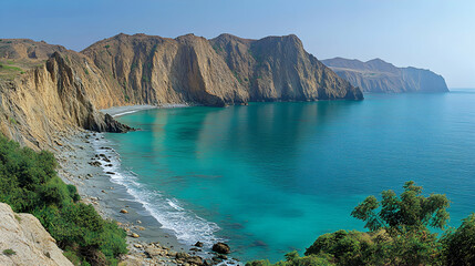 Obraz premium Secluded Coastal Cove's Turquoise Waters, Steep Cliffs