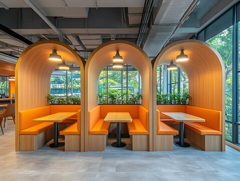 Cozy Office Nooks: Inviting office nooks with wooden frames, offering a comfortable space for focus and collaboration, illuminated by warm lighting and natural daylight.