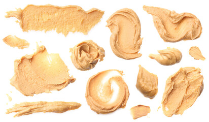 Yummy nut butter. Samples isolated on white, set. Top view