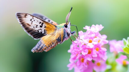 Obraz premium Hawk moth feeding on pink flowers in garden