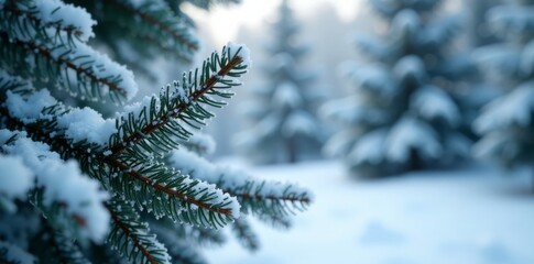 Close-up of frosty fir branches in snowy winter scene , beauty, frosty