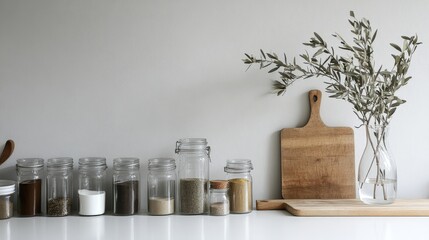 Nordic minimalist kitchen with olive branch and glass spice jars in modern decor