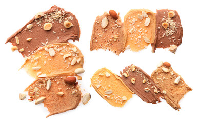 Nut butter. Different samples isolated on white, set. Top view