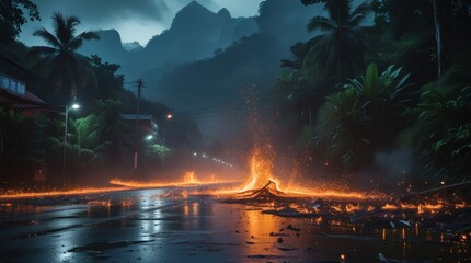 Flooded road with flames in tropical mountain landscape, apocalyptic atmosphere, orange light in fog, dramatic contrast, natural disaster