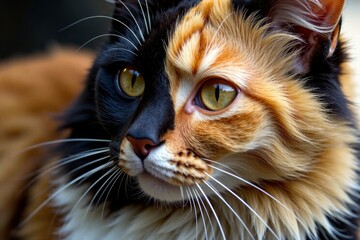 Calico cat fur texture with long soft hair and realistic spots, realistic, calico