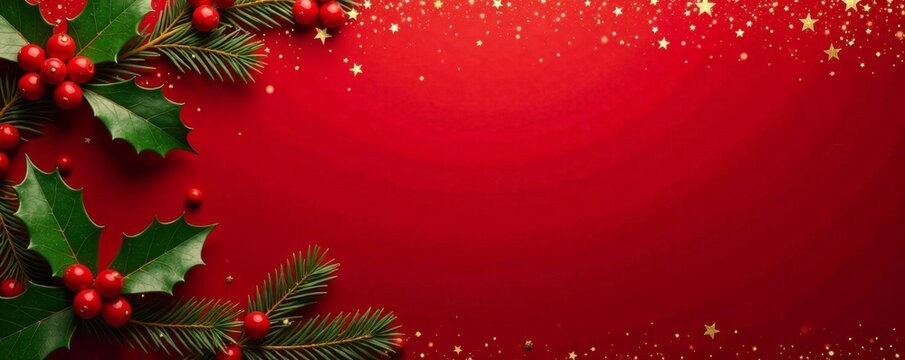 Elegant red festive background with golden glitter and stars featuring holly sprigs and berries, red, holiday