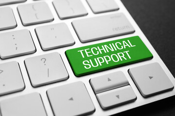 Technical Support button green on computer keyboard, closeup
