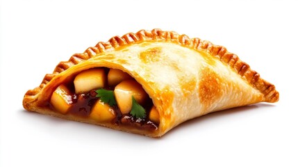 Apple pie filling inside a golden taco shell isolated on a white background. Generative AI