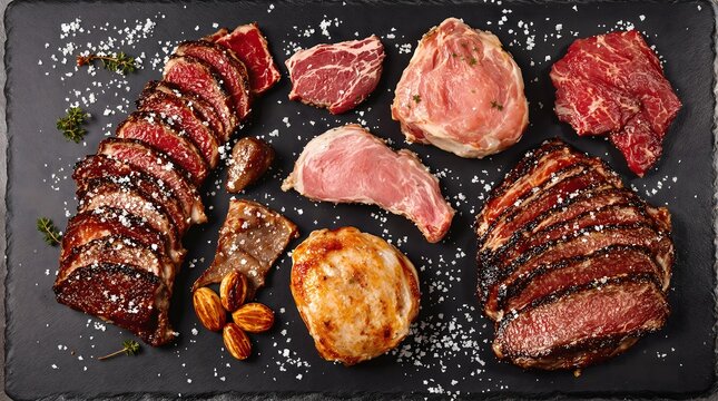 A rich assortment of premium carnivore diet meats, including ribeye, lamb, pork belly, chicken thighs, and smoked brisket, artfully displayed on a dark slate board with sea salt