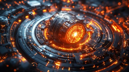 Close-up of a futuristic energy core surrounded by advanced technology with glowing light effects. Generative AI