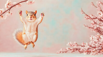 Squirrel leaps amidst spring blossoms