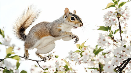 Naklejka premium Squirrel leaping cherry blossom branch spring outdoors